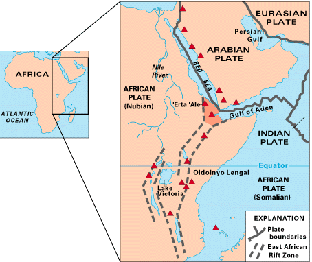 Map of East Africa showing some of the historically active volcanoes(red triangles), as well the two parts of the African Plate (the Nubian and the Somalian) splitting along the East African Rift Zone. Map of East Africa showing some of the historically active volcanoes(red triangles), as well the two parts of the African Plate (the Nubian and the Somalian) splitting along the East African Rift Zone.