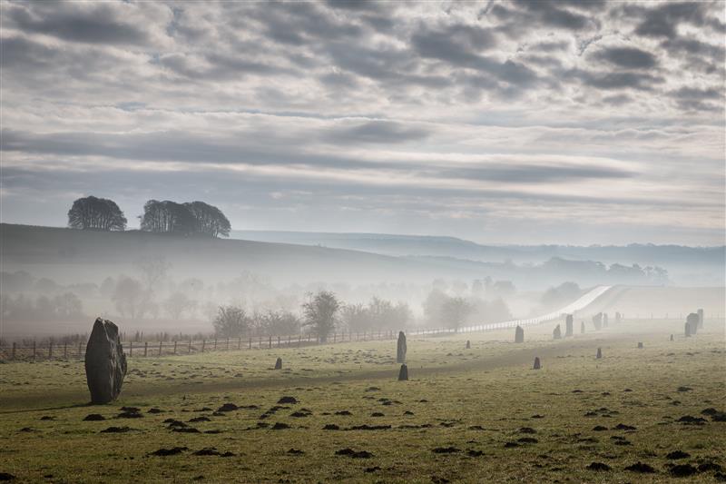 A photo of some of the stones that make up Avebury henge. The stones appear in a line that runs through a green field speckled with mole holes. The lower part of the field is misty and, rising from the other side, is a hill with a crop of trees on it. The sky is overcast. A photo of some of the stones that make up Avebury henge. The stones appear in a line that runs through a green field speckled with mole holes. The lower part of the field is misty and, rising from the other side, is a hill with a crop of trees on it. The sky is overcast.