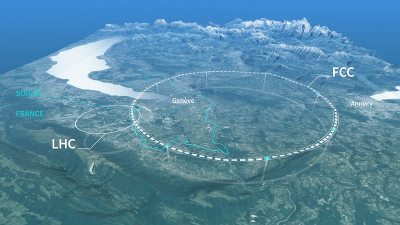 The image is a 3D map of the area arounc Geneva. The LHC is seen floatin above the map to the west of the city. The FFC is seen to the East of it enccompassing more than just the city and going under lake geneva and the surrounding mountains
