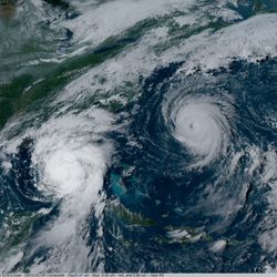 NOAA's GOES-16 satellite captured Hurricane Idalia approaching the western coast of Florida while Hurricane Franklin churned in the Atlantic Ocean at 5:01 p.m. EDT on August 29, 2023. 