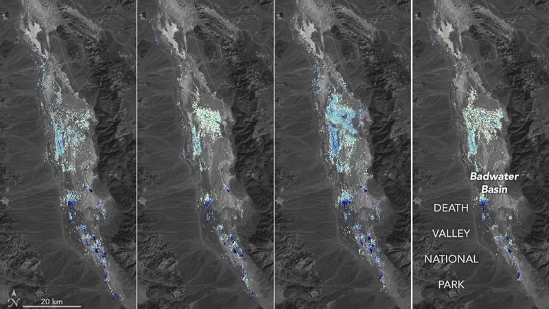Satellite imagery of Badwater Basin in February and March 2024, with a color gradient representation of the depth of Lake Manly.