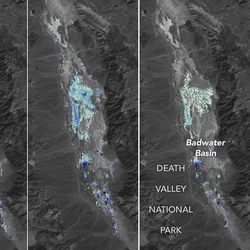 Satellite imagery of Badwater Basin in February and March 2024, with a color gradient representation of the depth of Lake Manly.