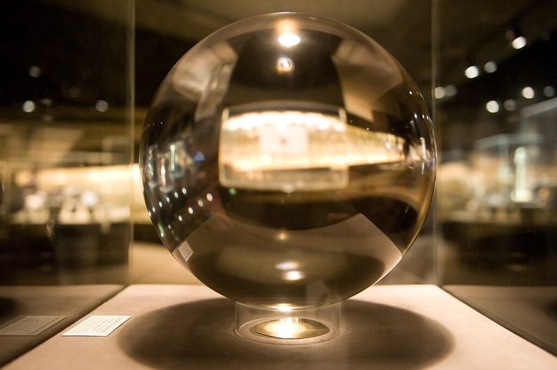Photograph of one of the largest flawless quartz crystal balls in the world.