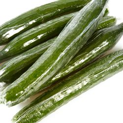 Six cucumbers wrapped in plastic on a white background