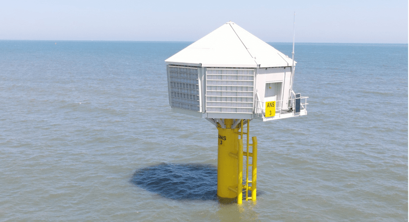 Bird box structure near an offshore wind farm in the North Sea.