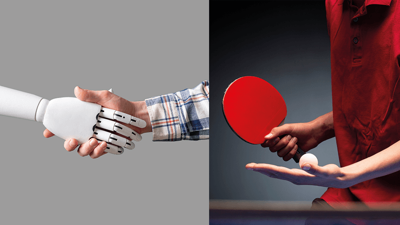 close up on hand shake between robot and human wearing a checked shirt; right panel shows a person in a red shirt getting ready to serve in a table tennis match
